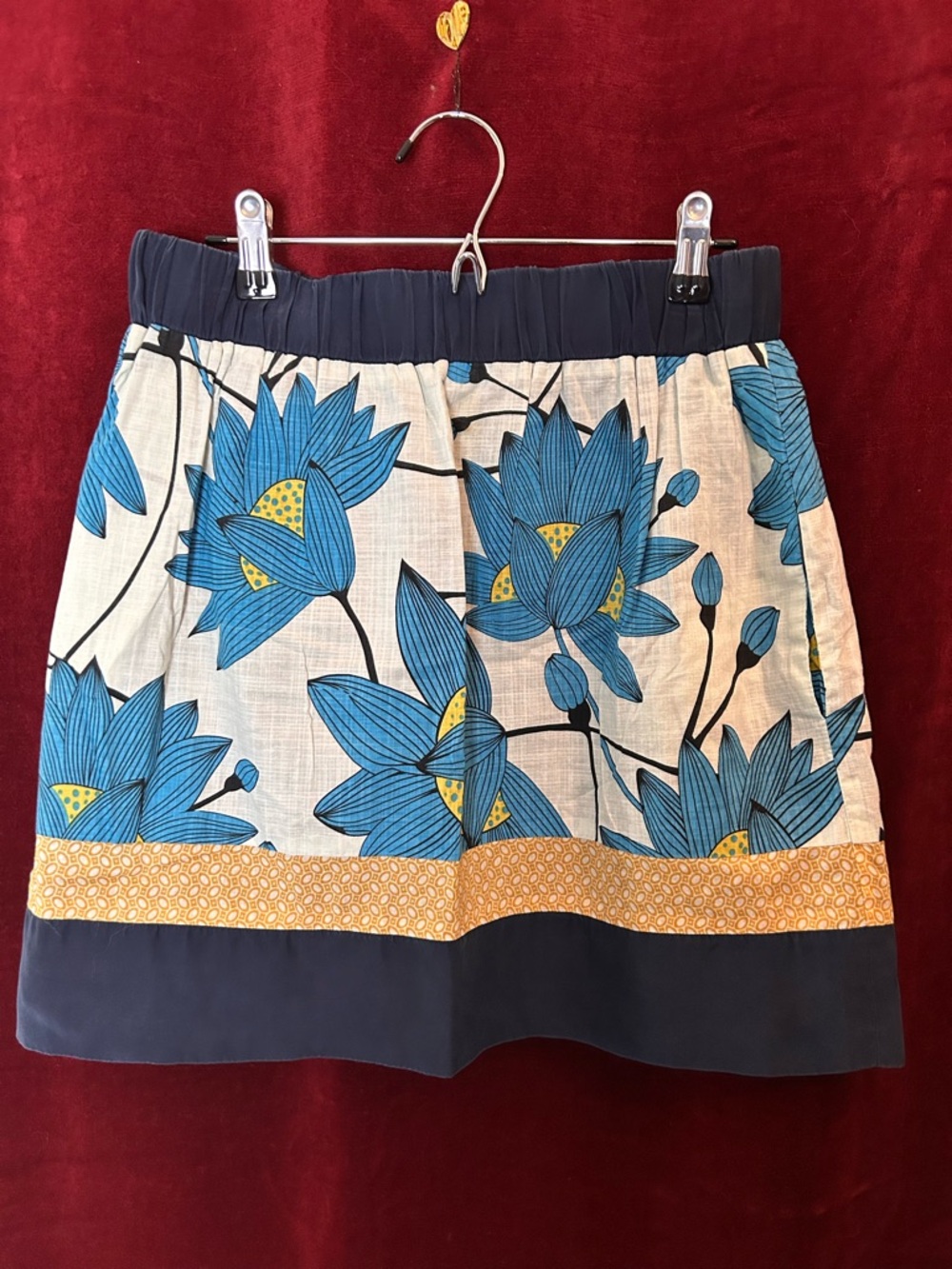 Hype Blue Floral A-Line Skirt with Yellow Accent and Navy Hem